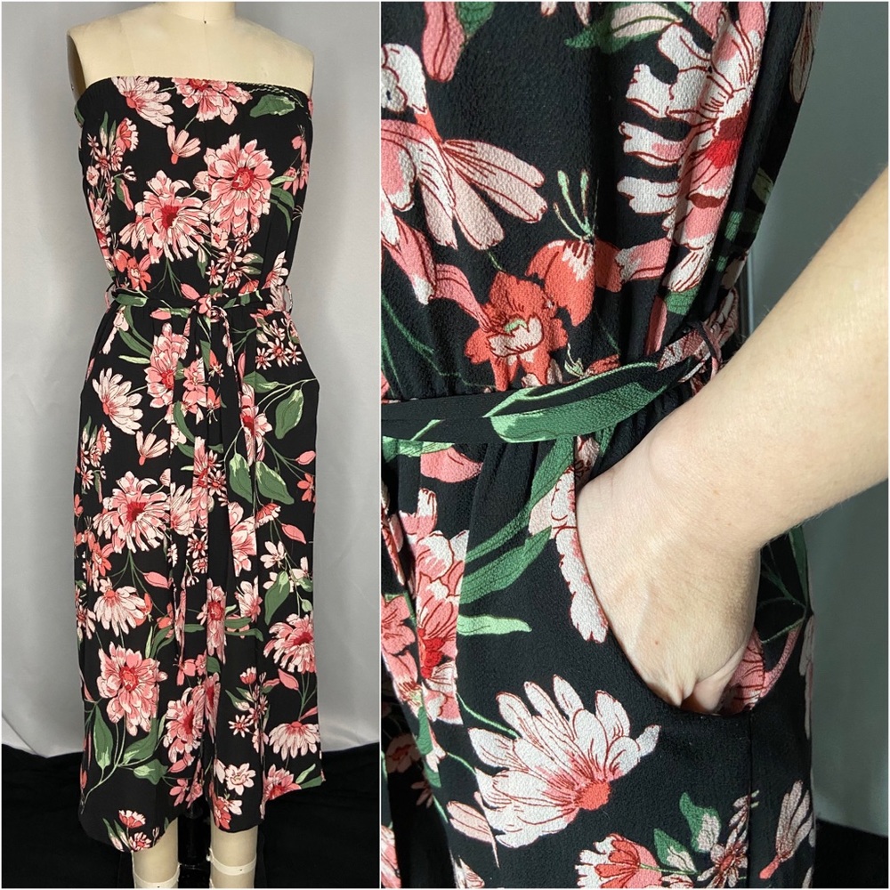 Strapless floral Capri jumpsuit w/ pockets & belt